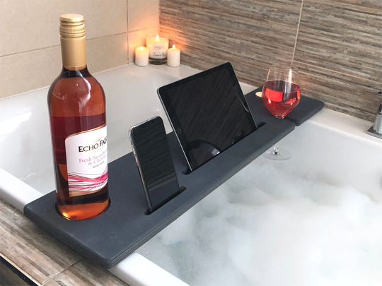 Add A Personalised Engraved Message - Wooden Bath Caddy Tray Bar Phone Tablet Wine Glass Holder Great Gift | BbgrEm