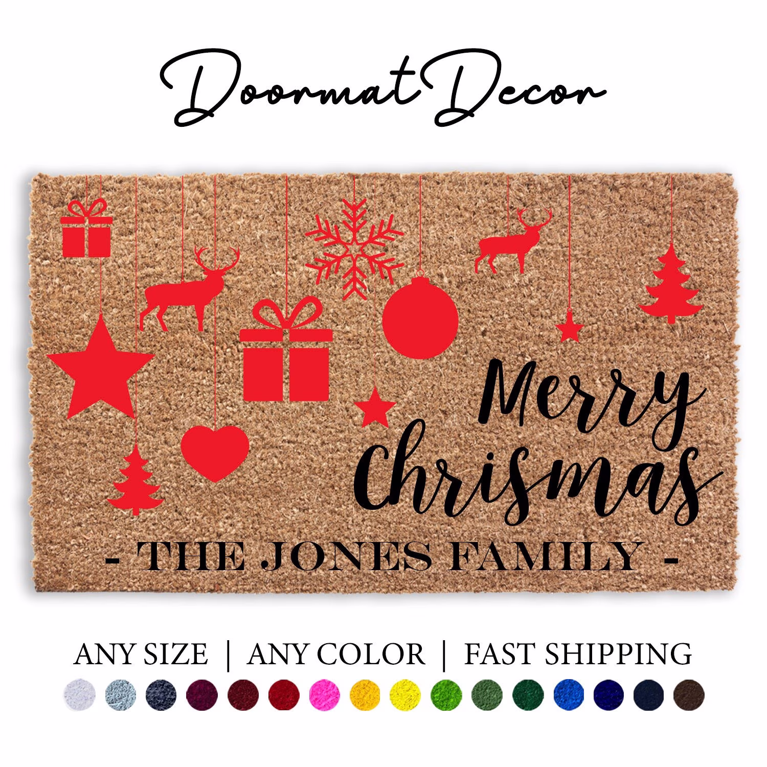 Personalized Christmas Ornament Doormat, Merry Door Mat, Outdoor Welcome Flock Coir Coco Custom Entryway Rug, Red Green Gift