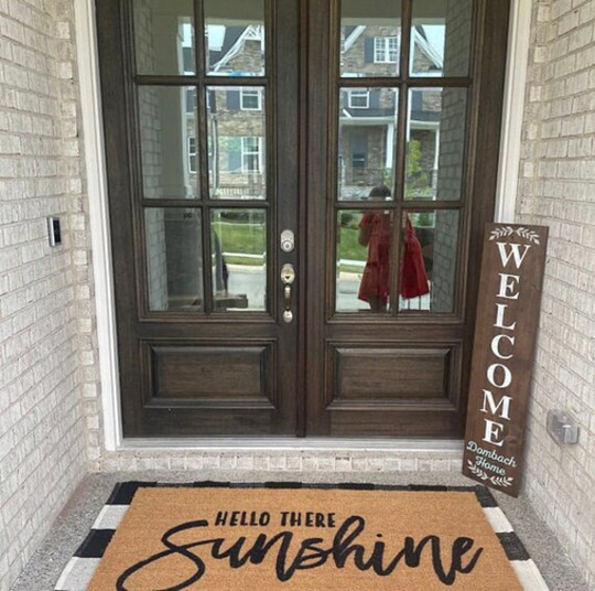 Hello Sunshine Doormat, Flocked Coir Outdoor Welcome Mat, Personalized Custom Door Summer Decor, Entryway Rug