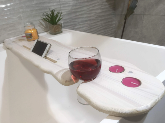 95cm Handmade Live Edge White Bath Board/Shelf Caddy With Wine Glass Tealights & Phone Tablet Slot