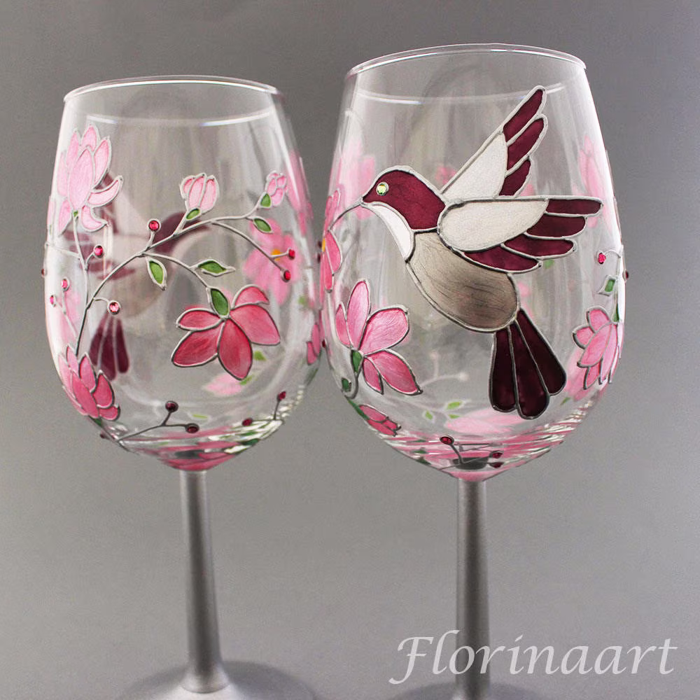 Silver Anniversary Glasses, Hummingbird Wine Glasses, Gift, Bird Gift