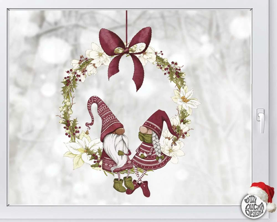 Christmas Gnome Wreath Window Cling - Red Xmas Gonk Stickers Seasonal Winter Decals By Dizzy Duck