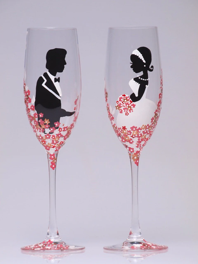 Hand Painted Wedding Toasting Flutes Set Of 2 Personalized Champagne Glasses Groom & Bride With Fuchsia Pink Flowers