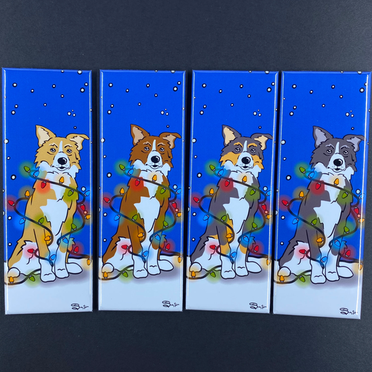 Border Collie Christmas Lights Magnet, Winter Holiday Dog Decor, Funny Pet Portrait Gifts, High Quality Handmade Magnet 1.5x4.5
