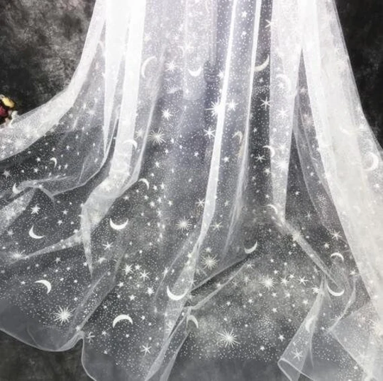 Off-White Color Mesh Fabric, Glitter Style Wedding Mesh, Star & Moon By The Yard