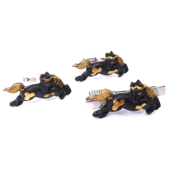 Japanese Shakudo Horse Cufflinks & Tie Bar Set Original Box Silver