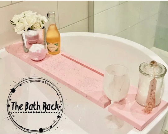 Marble Effect Pink Wooden Bath Rack With Tablet Slot & Wine Glass Holder Tray Caddy