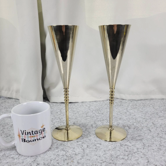 Vintage Gold Champagne Flutes - 1980's Art Deco Revival Brass
