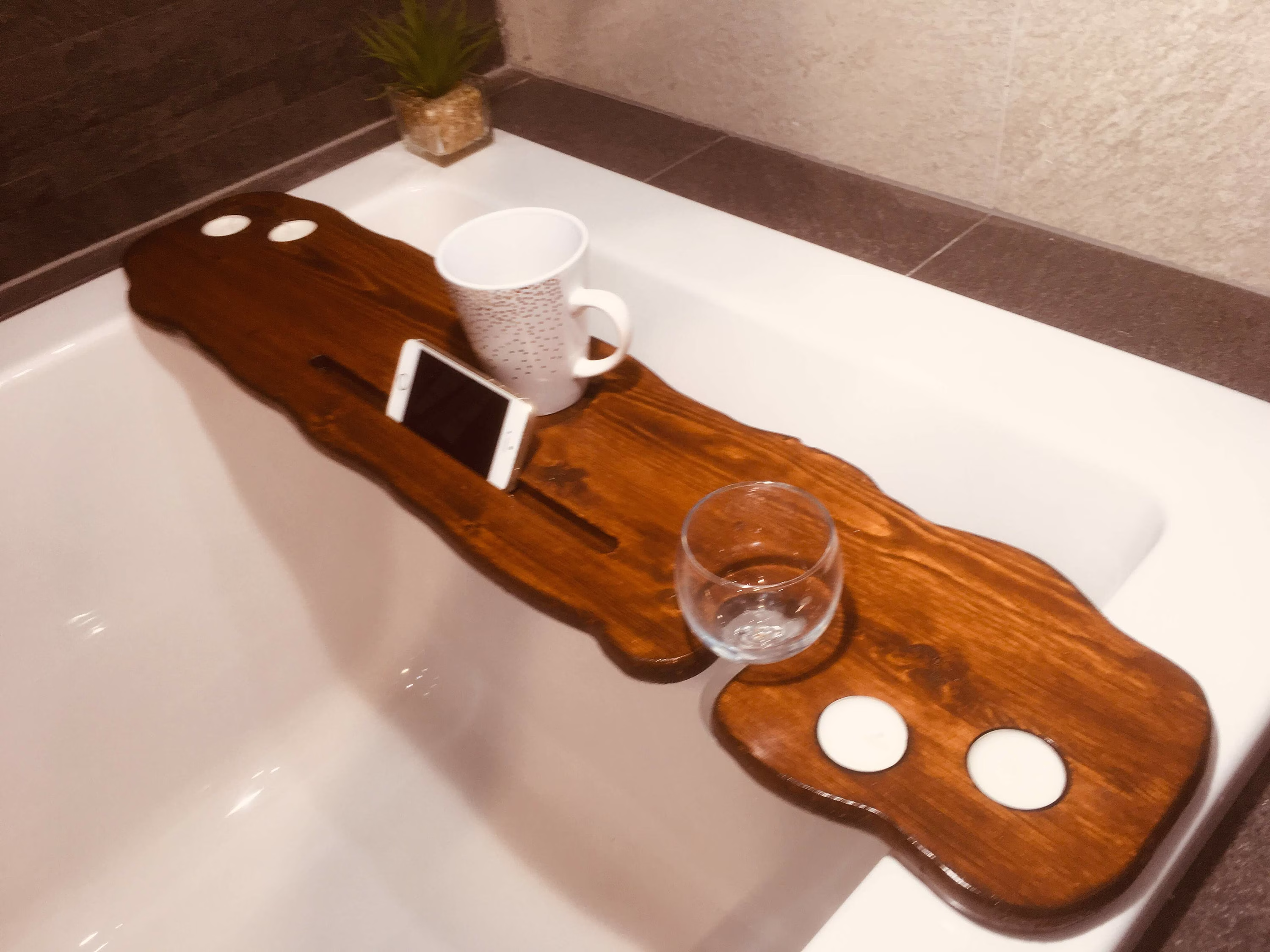 88cm Handmade Live Edge Style Dark Oak Bath Board/Shelf Caddy - With Wine Glass Tealights & Phone Tablet Slot