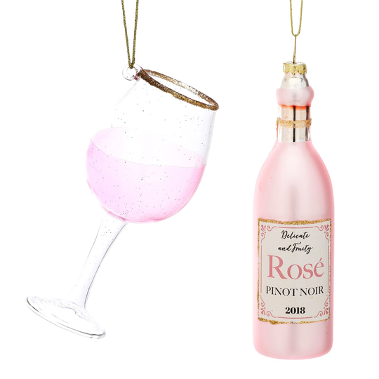 Rosé Wine & Glass Hanging Christmas Tree Decoration Set - Winter Festive Fun Office Secret Santa Booze Drink Pink Adult Unique Gift
