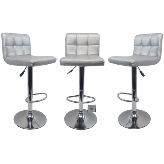 3 X Silver "Modena" Faux Leather Bar Stools, swivel height adjustable Set of 3