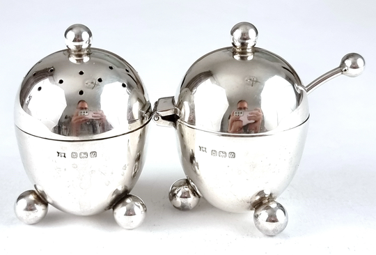 Novelty Sterling Silver, Egg Shape Cruet, Salt & Pepper, Ball Feet, Art Deco, Charles Wilkes, Stylish Tableware, Screw Top, Table Feature