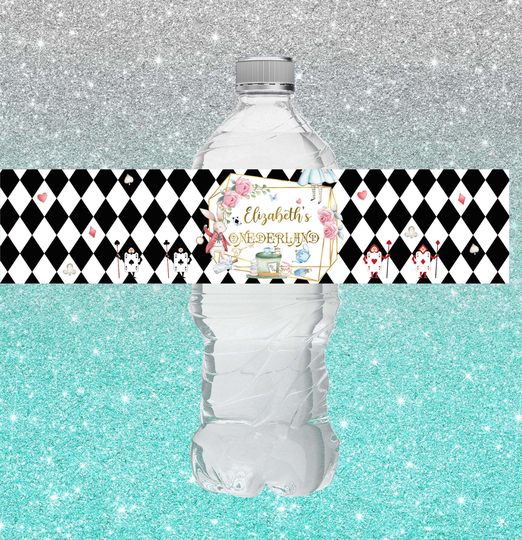 Alice in Wonderland Water Bottle Label Mad Hatter Tea Party Girl Baby Shower Onerland Birthday Favors