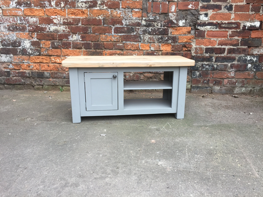 Shaker Style Reclaimed Wood Top Tv Unit. Painted Media Table With Cupboard & Shelves. Made To Measure, Any Size Or Colour. Weathered Oak