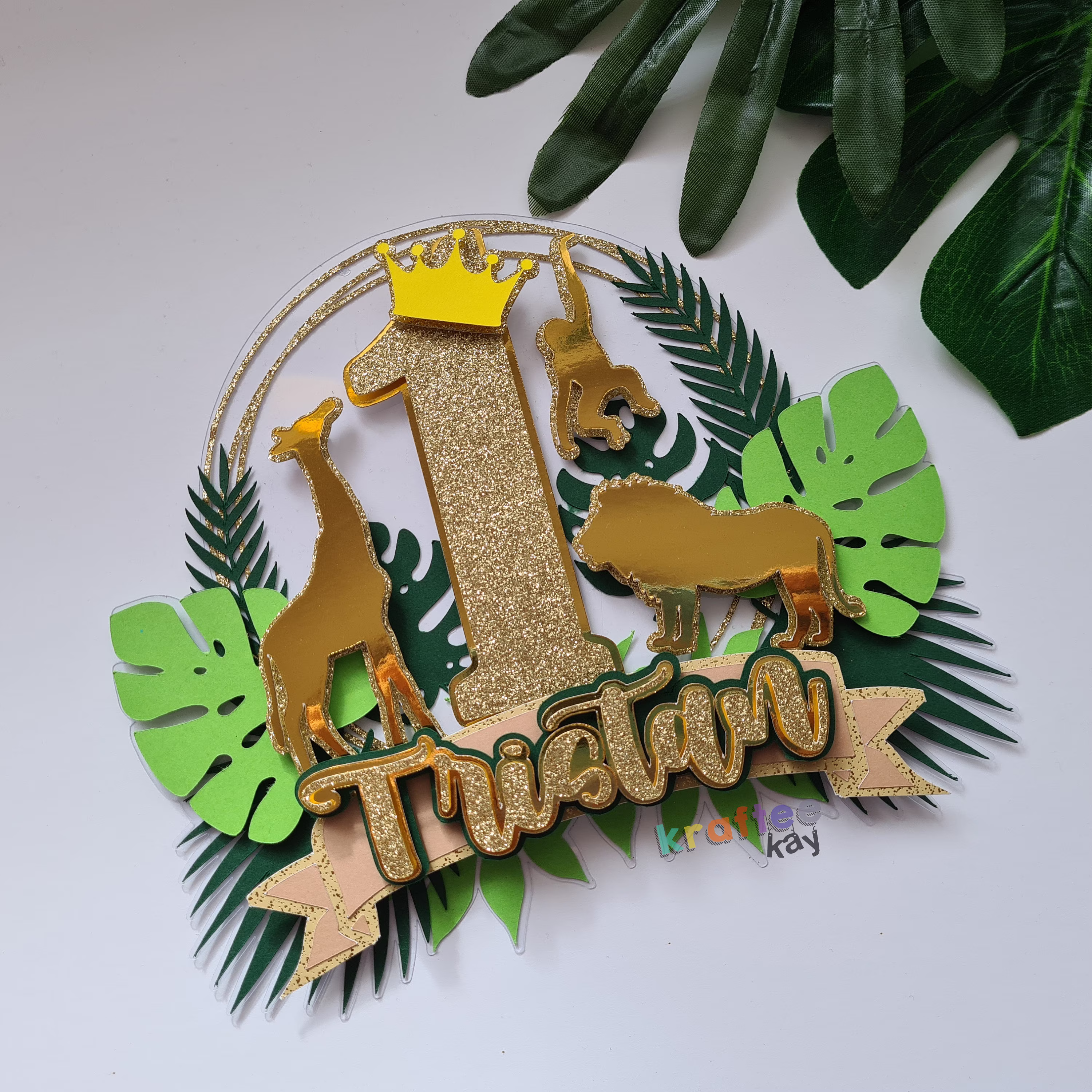 Custom Wild One Cake Topper, Birthday Personalize Age & Name, Jungle Themed Animal Gold Green