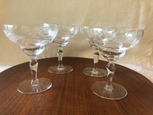 Vintage Etched Crystal Cocktail Glasses, Floral Pattern, Paneled Bowl, Lady Leg Stem, Set Of 4