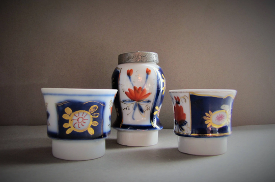 Antique Welsh Gaudy Imari Shaker & Egg Cups, Palette Cups Condiment Shaker, Hand Painted Porcelain