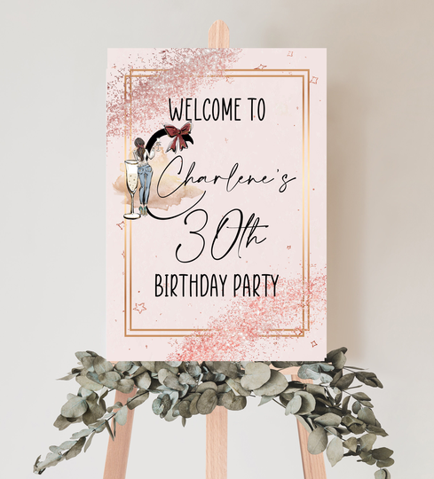 Personalised Welcome Birthday Sign/Birthday Party Decorations/Birthday Party/Birthday Sign/Rose Gold - Gold Border Design/A3 Sign