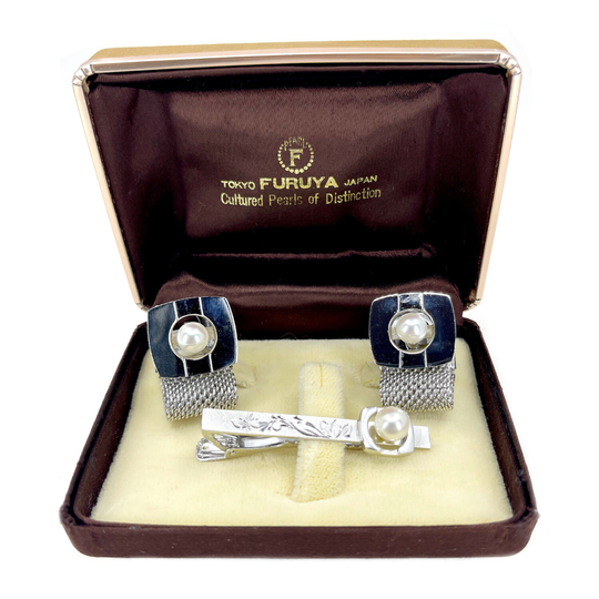 Furuya Pearl Designer Japanese Cultured Akoya Mid Century Tie Bar Cufflinks Set - Sterling Silver