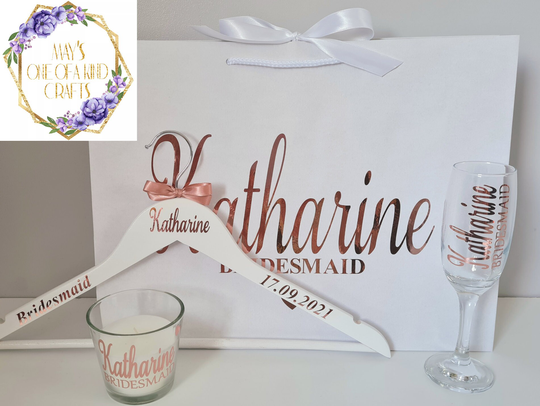 Bridesmaid Gift Set, Personalised Bag, Dress Hanger, Champagne Glass & Candle. Bridal Party, Bride, Bridesmaid, Maid Of Honour Etc