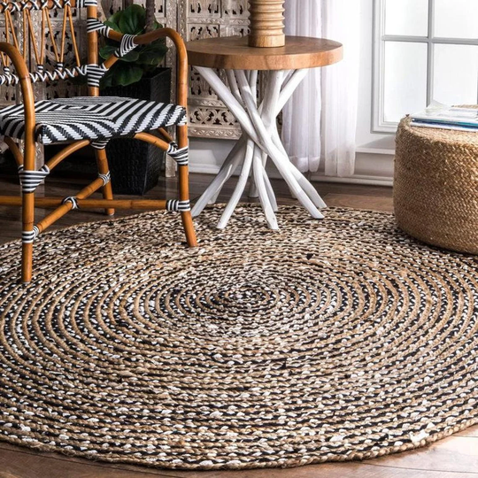 2x2, 3x3, 4x4, 5x5, 6x6, 7x7 & 8x8 Hand Braided Round Jute White Black Cotton Rug Rag Woven Natural Area Rugs