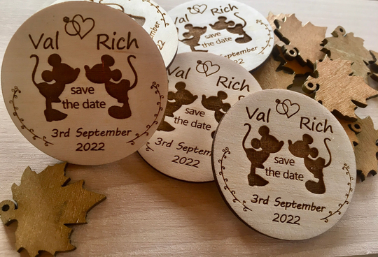 Wooden Save The Date Mickey N Mouse Medal, Personalized Magnets, Wood Wedding Invitations, Personalised Magnet