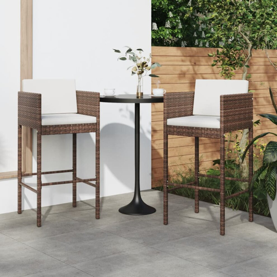 vidaXL 2x Bar Stools with Cushions Brown Poly Rattan Outdoor Lounge Set Chair
