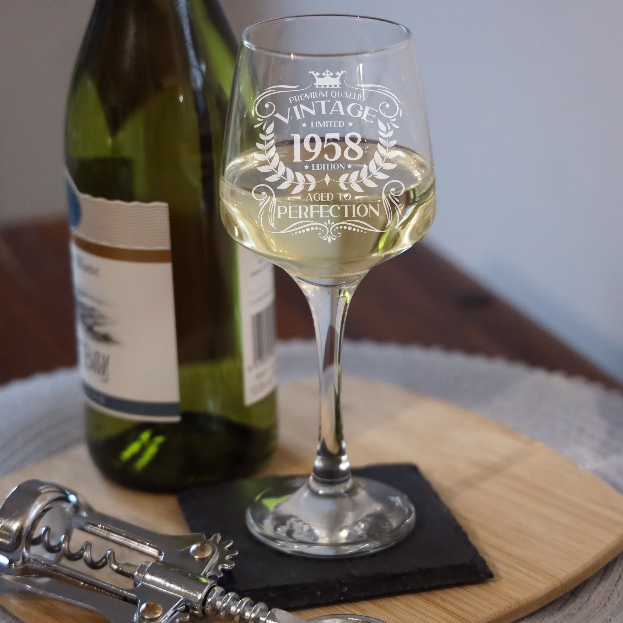 Vintage 1958 Engraved Wine Glass - 65Th Birthday Aged To Perfection 65 Year Old Gifts Red White Rose & Coaster Set