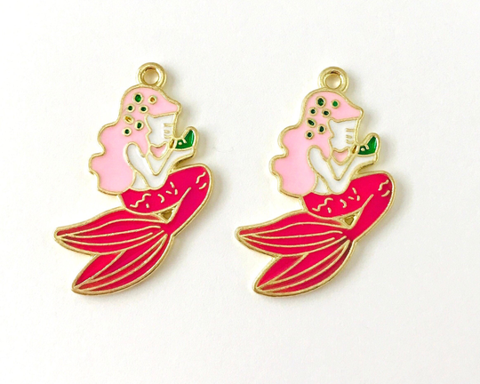 Pink Mermaid Charm, Enamel Pendant Gold Plated Bulk