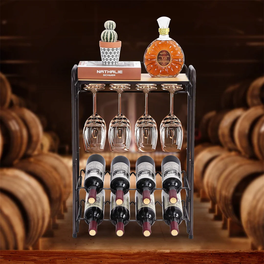 Pisano 8 Bottle Tabletop/Countertop Wine Bottle & Glass Rack in Black