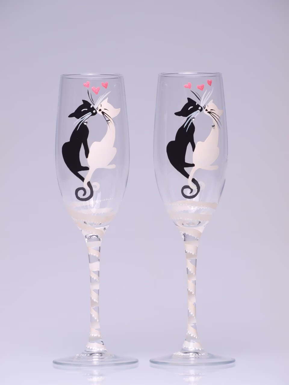 Hand Painted Toasting Flutes Set Of 2 Personalized Champagne Glasses Black & White Cats With Crystals