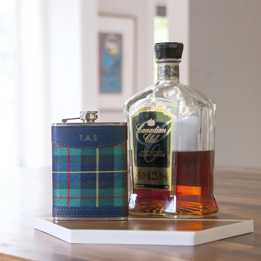 Personalised Tartan Hip Flask, Faux Leather Engraved Drink Whiskey Container, Wedding Gift, Groomsman Gift