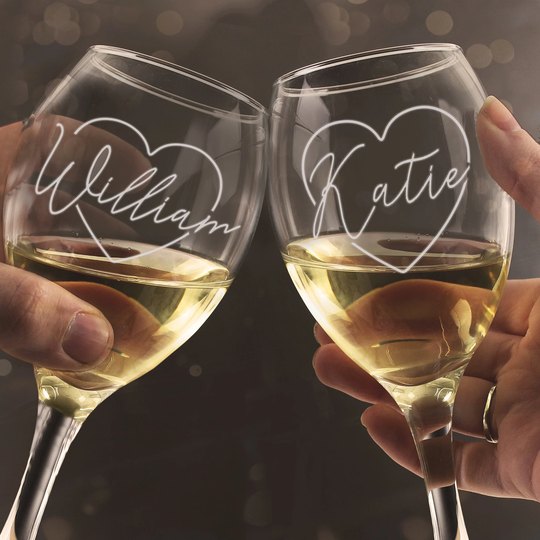 Personalised Wine Glass Set - Heart Name Engagement Gift Wedding Gift Valentines