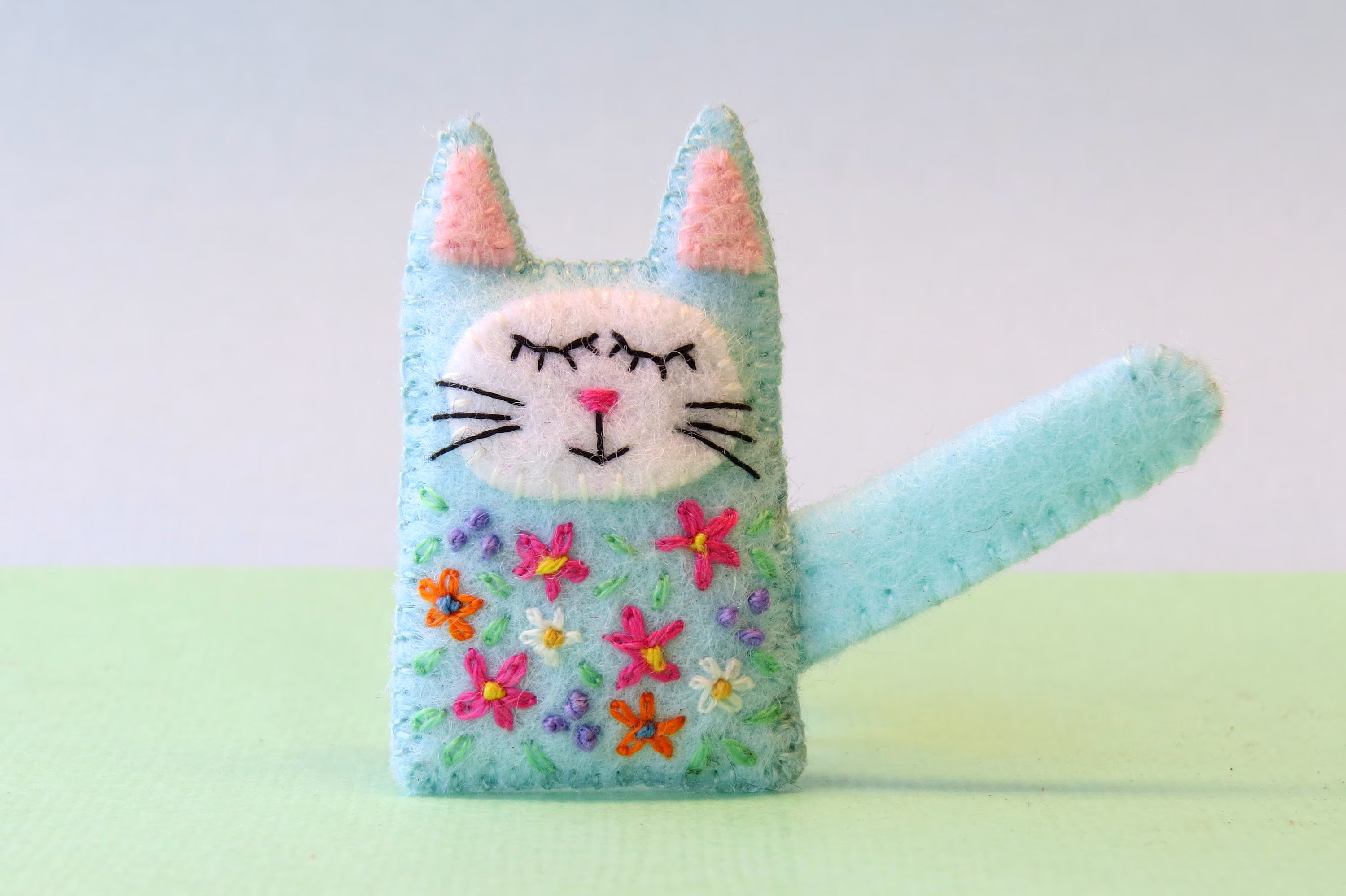 Handmade Cat Brooch, Wool Felt Sleepy Kitten, Embroidered Cat, Gift For Lovers, Teacher, Pin, Embroidery, Aqua