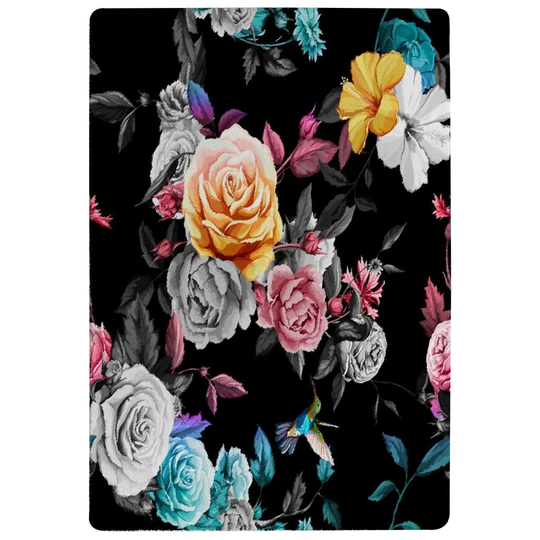 Paez Humming Bird, Roses, Peony with Leaves Designer Shaggy Orange/Pink/Black Rug