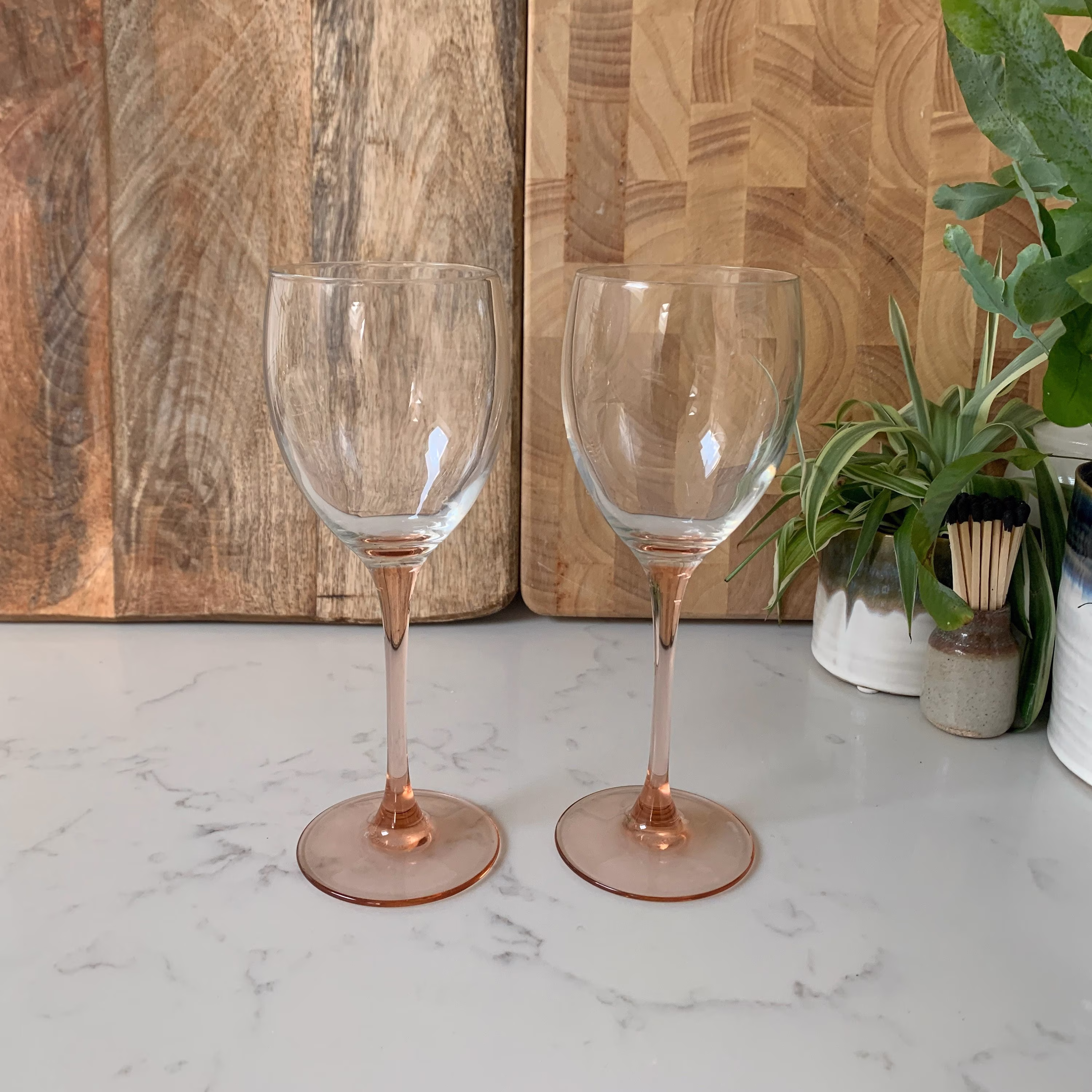 Vintage Luminarc France Blush Pink & Clear Wine Glasses Set Of 2 C1980S 250Ml Max Capacity