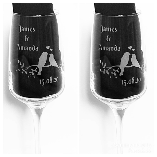 Lovebirds Engraved Champagne Flutes, Personalised With Names & Date, Wedding, Engagement, Anniversary Gift