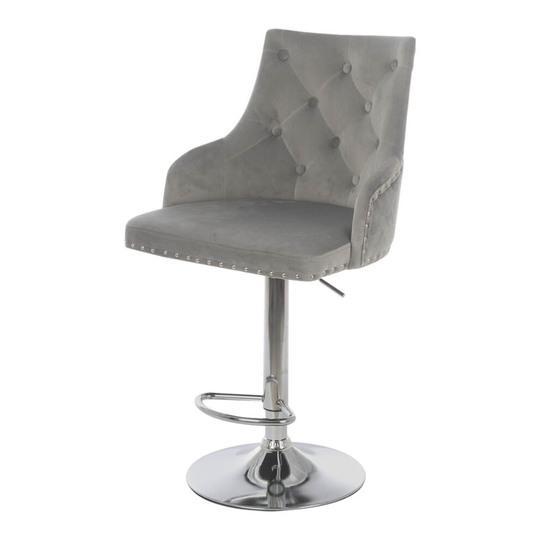 (Grey) Swivel Bar Stool Adjustable Velvet Chair