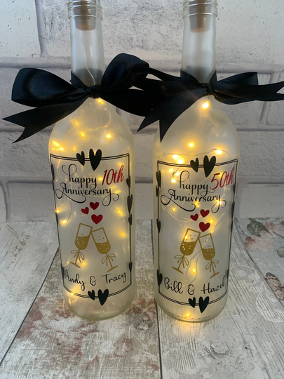 Anniversary Lighted Wine Bottles, Personalised Anniversary Gift, Gift For Couple, 25Th Gifts, Wedding