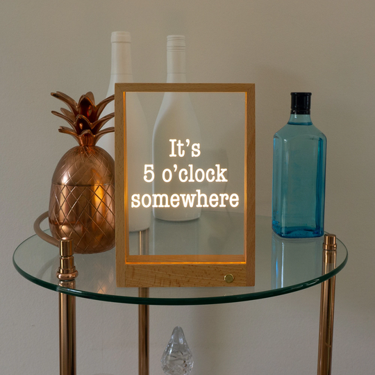 Personalised Wireless It's 5 O'clock Someweher Light Up Led Sign. Custom Made Home Bar Pub Wooden Frame Small Neon Sign L404