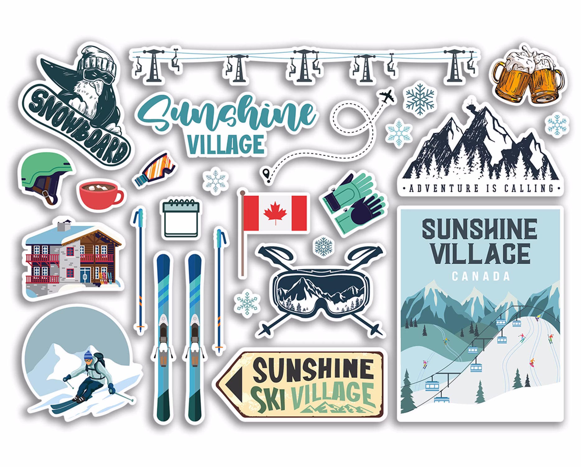 A5 Sticker Sheet Sunshine Village Vinyl Stickers - Canada Ski Resort Mountains Holiday Snow Travel Winter Sports Luggage Scrapbooking #79040
