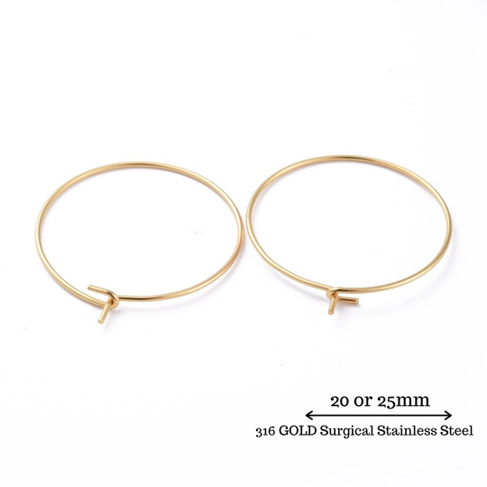 316Ss Gold 20/50/100 Pcs - 20 Or 25mm Hoop Earrings Wine Glass Charm , Surgical Steel 21 Gauge