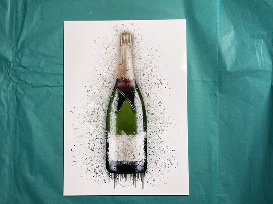 Green, Champagne, Bottle, Splatter, Art Print, Unframed