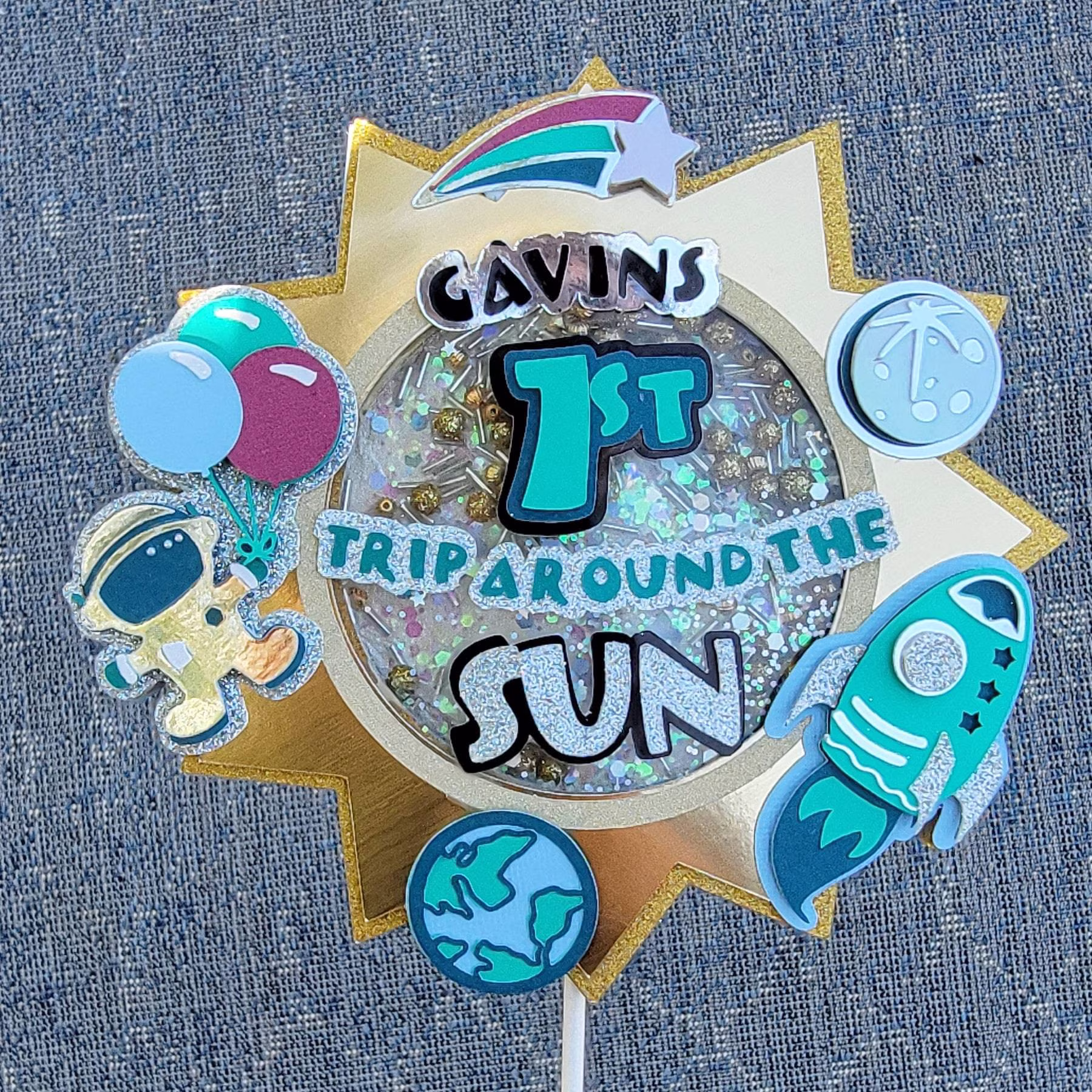 1st Trip Around The Sun First Birthday Space Theme Shaker Cake Topper in Gavin