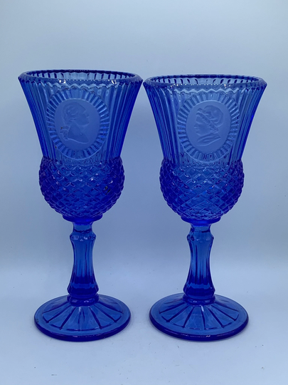 Washington Goblets. Fostoria Cobalt Blue Stemmed Glasses. Goblets With George & Martha Washington. Set Of Two