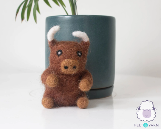 8cm Needled Wool Felt Bull, Hand Felted Miniature Taurus, Needle Zodiac Animal For Horoscope Bundle Fair Trade & Ethically Made