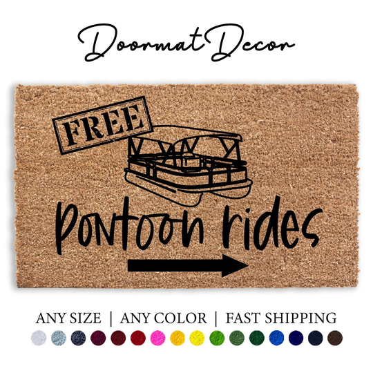 Free Pontoon Rides Doormat, Summer Sun Beach Lake House Boat Door Mat Outdoor Welcome Rug, Custom Personalized Mat, Decor