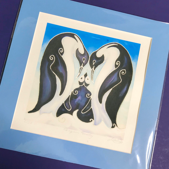 Penguin Family Print - From Original Silk Painting Parents & Baby Penguins On The Ice Children's Bedroom