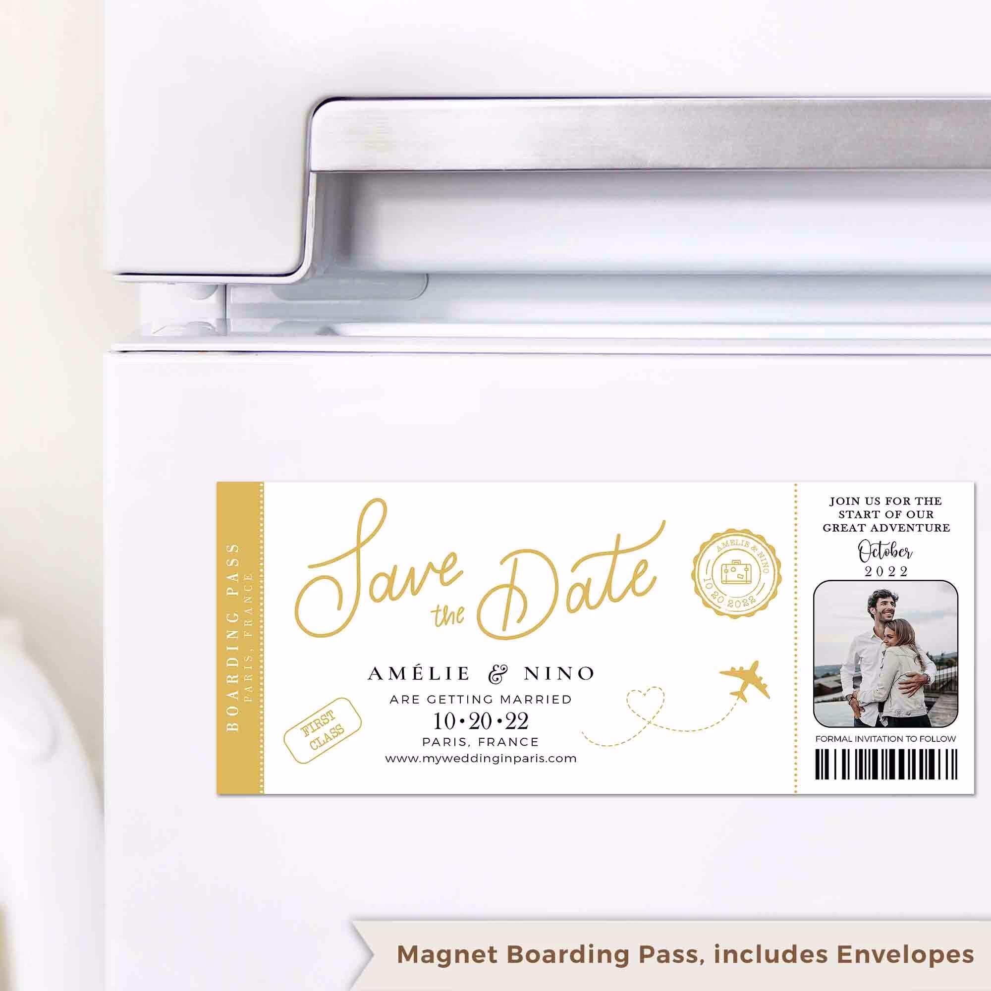 Gold Calligraphy Fridge Magnet Boarding Pass Invitation Save The Date With Qr Code Or Couple's Picture For A Destination Wedding in Paris