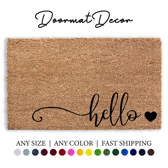 Hello Heart Doormat, Flocked Coir Outdoor Welcome Mat, Personalized Door Custom Housewarming Gift